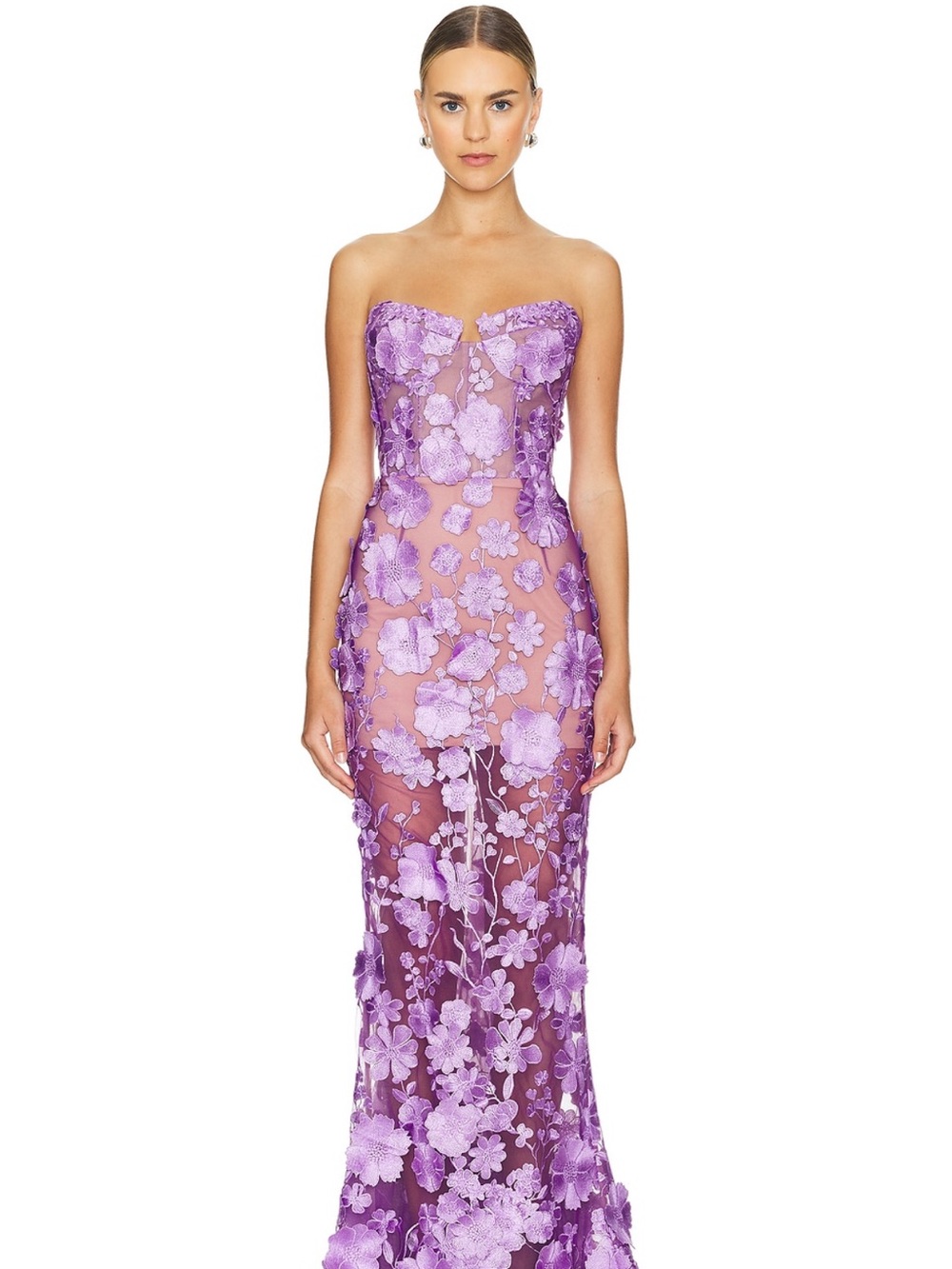 Bronx and Banco Lavender Strapless Floral Appliqué Gown